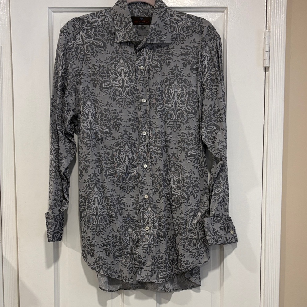 Etro Grey Fleur De Lis Designer Men’s Long-Sleeve Button-Down Shirt Euro Size 39